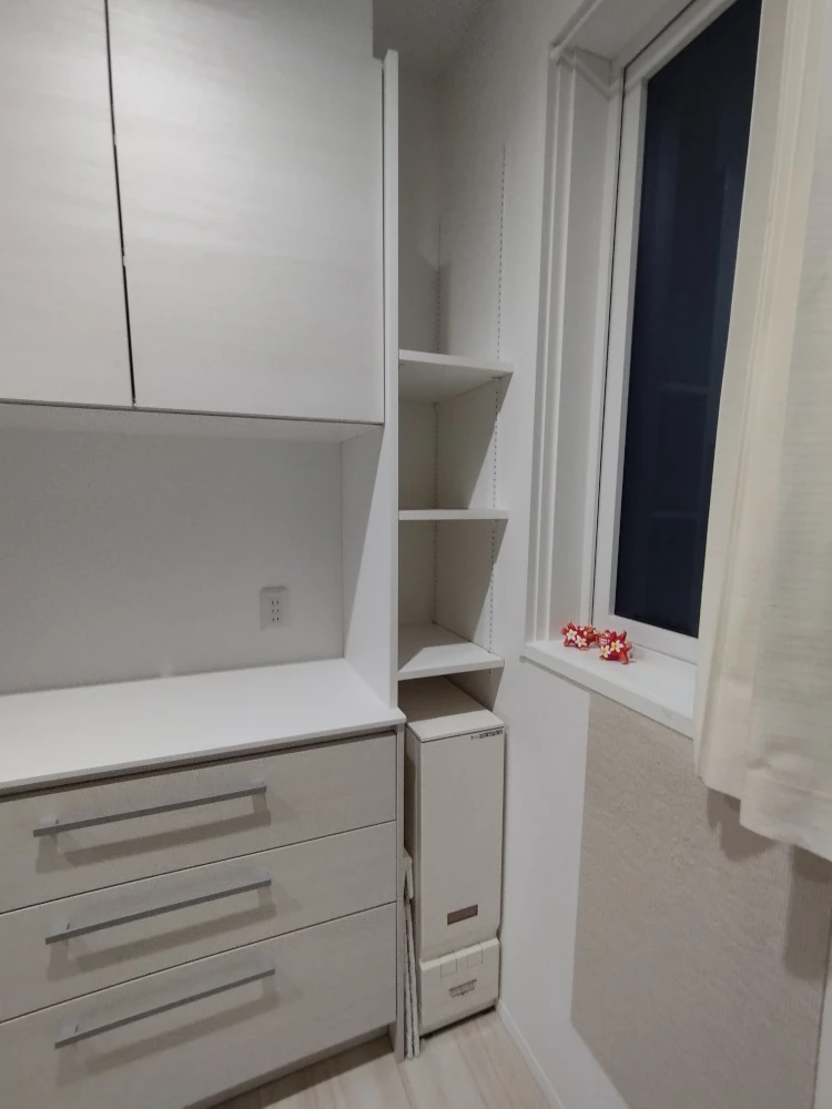 一条工務店のハグミーファムのカップボードを中心に、収納を感があえたシンプル自在棚を設置しました。